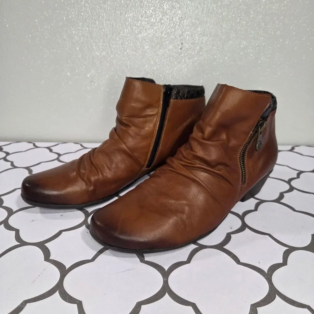 Remonte By Rieker Size 39 Womens Ruched Brown Leather Zip Up Ankle Boots Booties